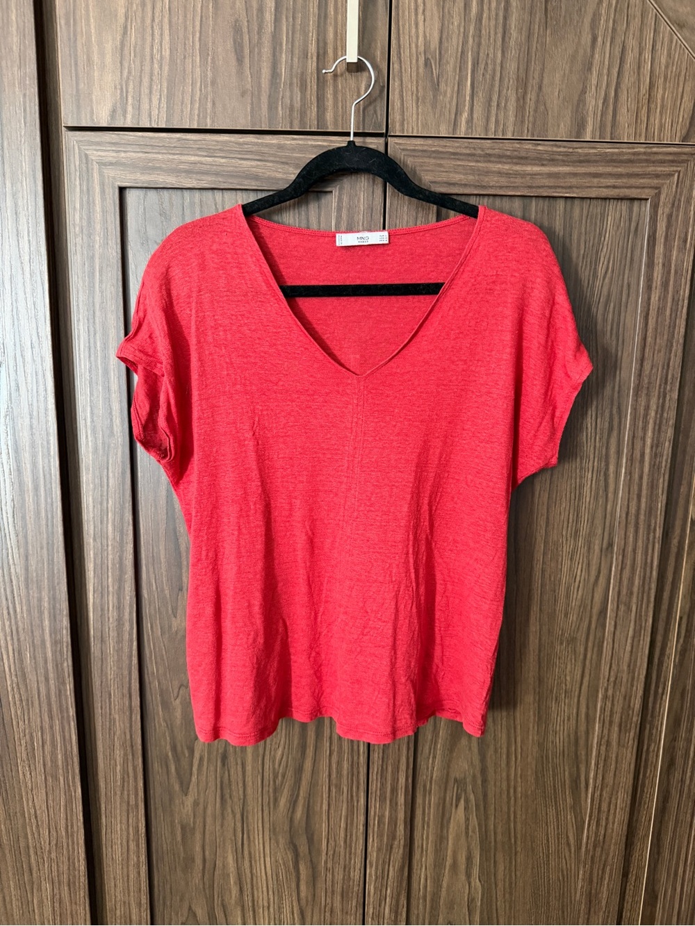 Mango Linen Bright Red V-Neck Short Sleeve Tee